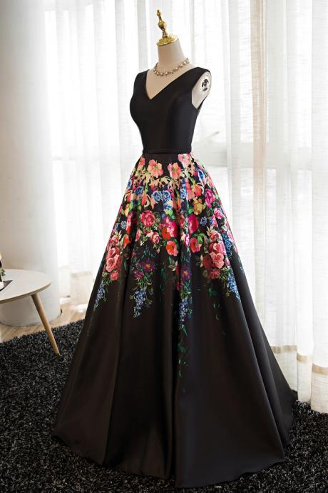 Black Floral Satin V-neckline Prom Dress, Charming Formal Gown, Party Dresses 2019