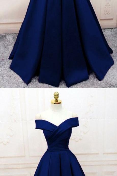 Navy Blue Satin Off Shoulder Elegant Formal Gown, Satin Party Dress 2019