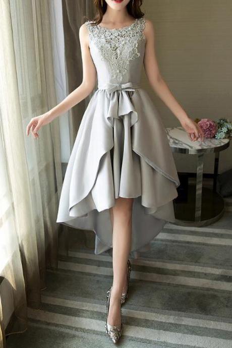 Grey Satin And Lace High Low Party Dress, Round Neckline Charming Formal Dress, Prom Dress 2019