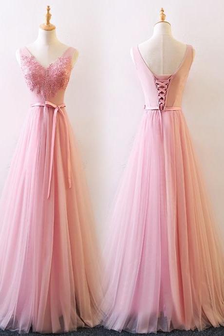 Pink V-neckline Elegant Bridesmaid Dress, Pink Formal Gown, Prom Dress 2019
