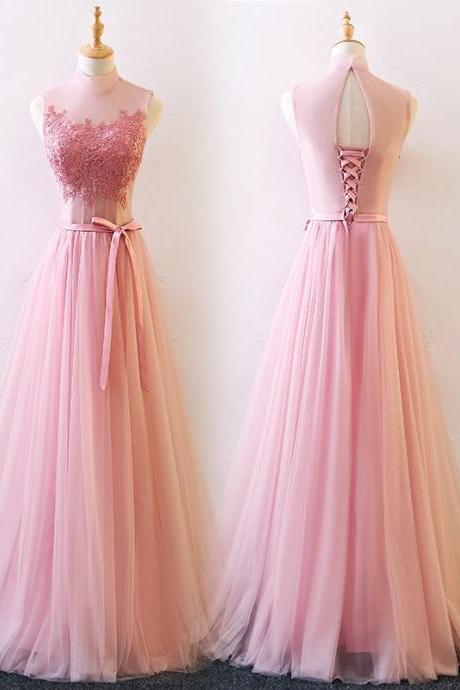 Pink Halter Tulle A-line Junior Prom Gown, Charming Party Gown, Prom Dress 2019