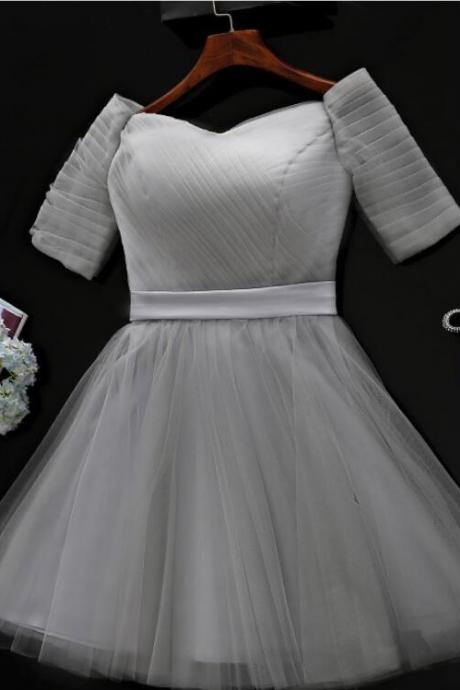 Grey Short Sleeves Bridesmaid Dresses, Lovely Tulle Formal Dress