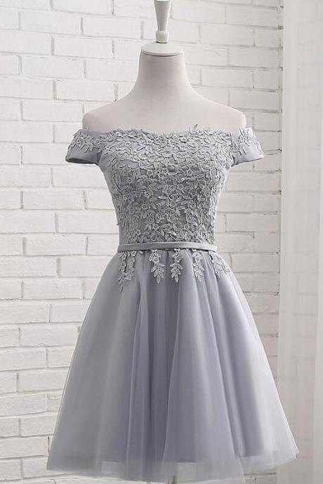 Grey Lace Applique Cute Homecoming Dress, Grey Party Dress 2019