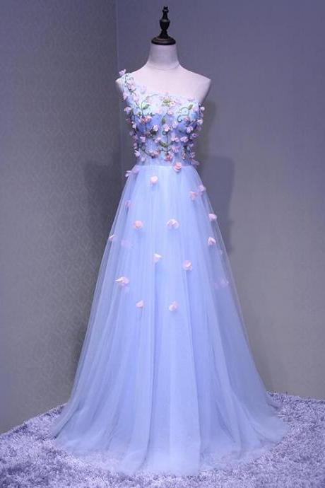 One Shoulder Elegant Long Party Dress, Handmade Flowers Formal Gown