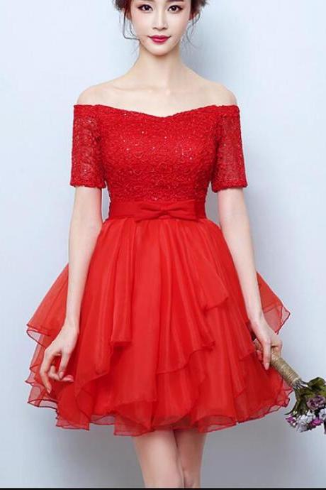 Red Lace Cute Short Party Dress, Red Homecoming Dress, Red Party Dress 2019