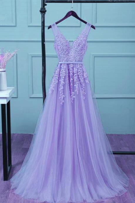 Light Purple Tulle V-neckline Applique And Beaded Junior Prom Dress 2019, Charming Formal Gown 2019, Party Dress