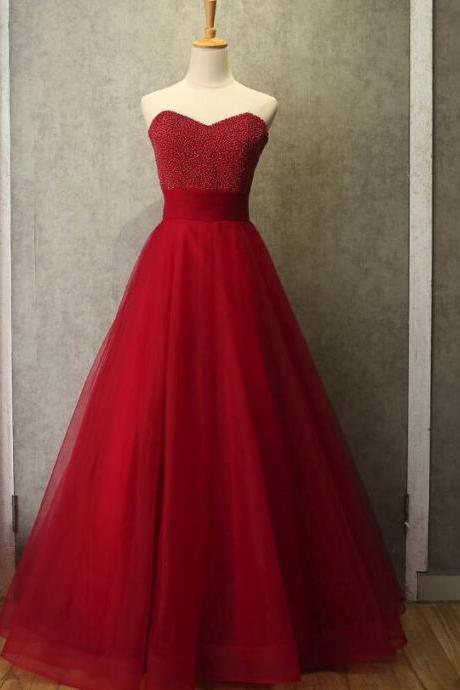 Red Tulle and Beaded Long Prom Gown, Handmade Formal Dress 2019