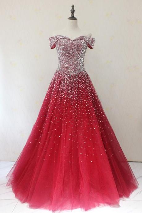 Dark Red Off Shoulder Sparkle Off Shoulder Formal Gown, Handmade Party Dress 2019