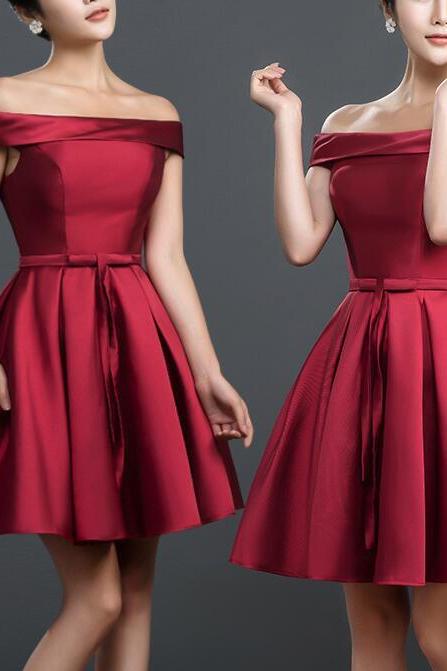 Red Satin Off Shoulder Formal Gown,charming Red Homecoming Dresses 2019