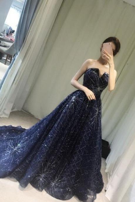 Navy Blue Sequins V-neckline Prom Dress, Cute Party Dress 2019, Beautiful Formal Dresses