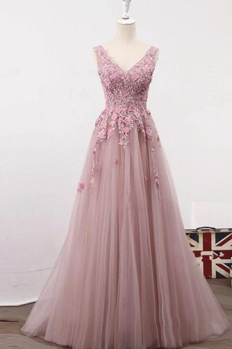 Dark Pink V-neckline Tulle Applique Party Dress 2019, Floor Length Formal Gown