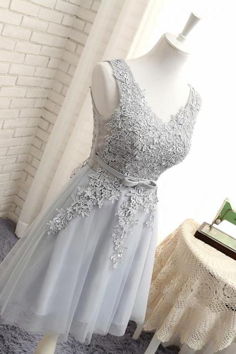 Cute Short Grey V-neckline Wedding Party Dress, Lovely Formal Dresses 2019