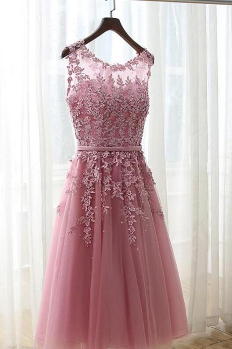 Dark Pink Tea Length Wedding Party Dress, Tulle Handmade Formal Dress