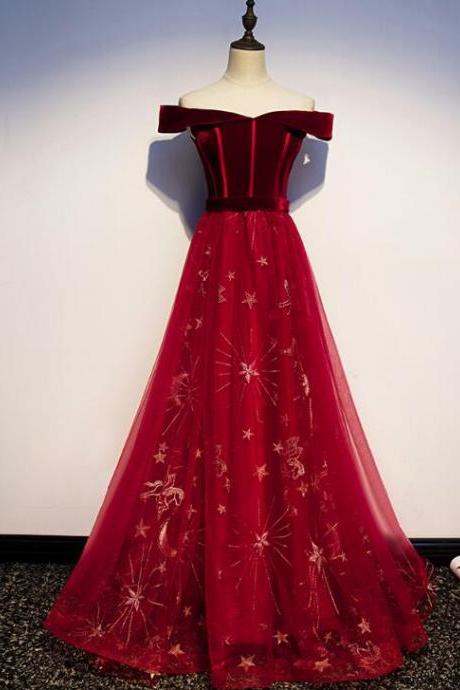 Dark Red Velvet and Tulle Long Prom Dress 2019, Lace-up Formal Gown 2019