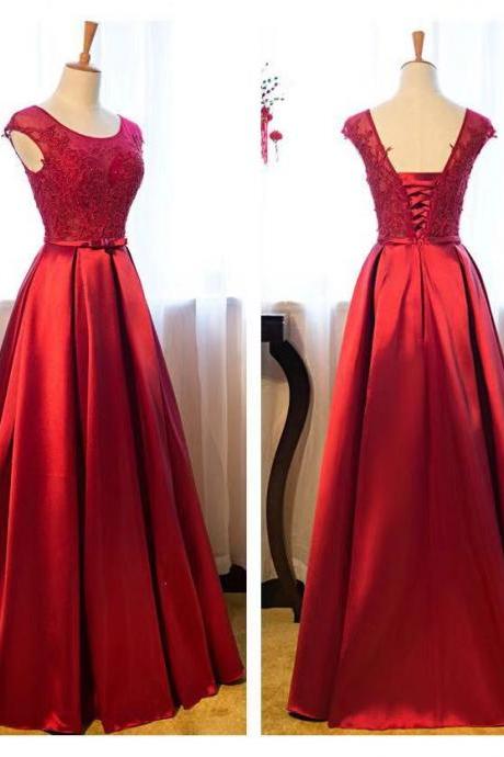 Red Satin and Lace Long Formal Gown, Elegant Red Prom Dresses 2019, Party Dresses 