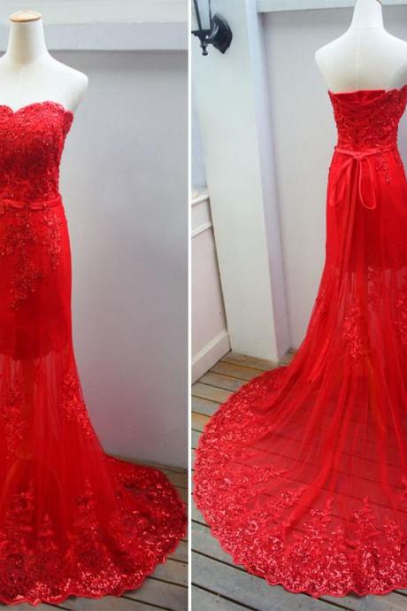 Beautiful Red Lace Sweetheart Mermaid Wedding Party Dress, Beautiful Red Formal Gown 2019