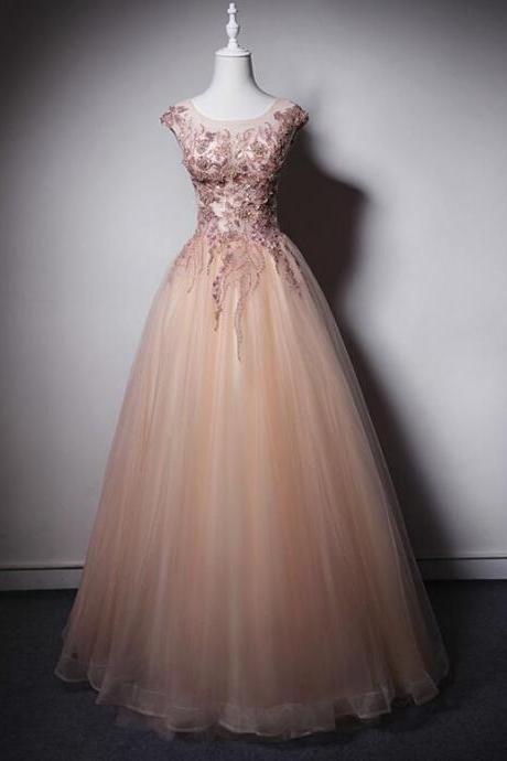 Pink Round Neckline Beaded Charming Pink Gown, Pink Prom Dresses 2019