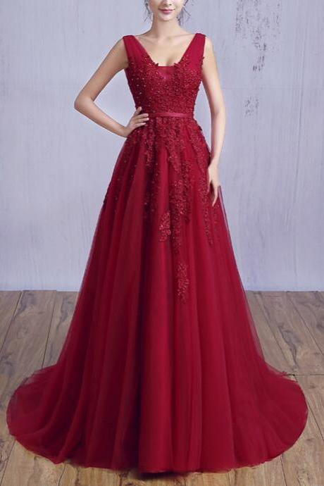 Beautiful Wine Red Prom Gown 2019, V Backless Long Formal Dresses