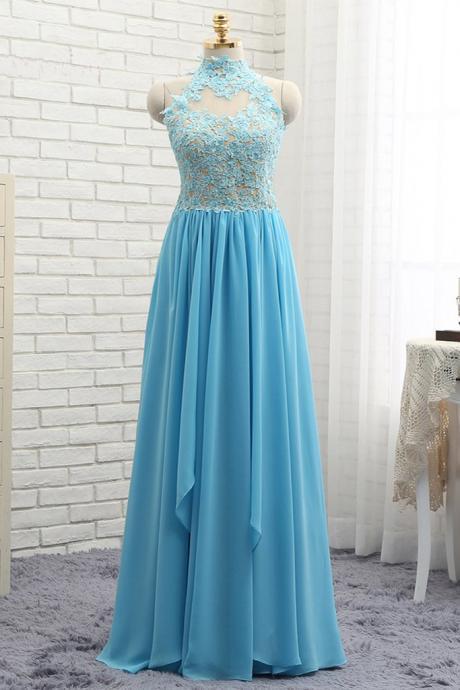 Blue Halter Lace Applique Charming Evening Dress, Blue Long Senior Prom Dress