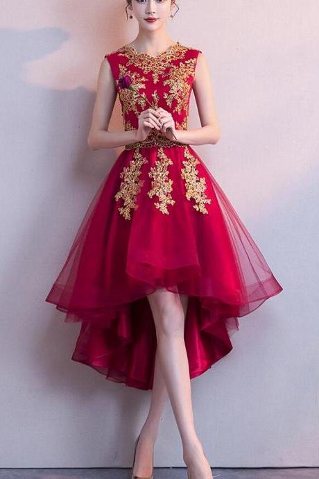 Wine Red High Low Tulle Formal Dress With Gold Applique, Beautiful Formal Dresses 2019