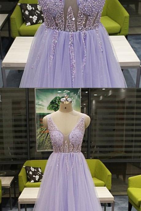 Beautiful Lavender Beaded Top V-neckline Prom Dresses 2019, Charming Evening Gowns