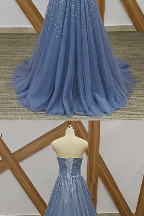 Beautiful Blue Tulle Beaded Sweetheart Long Formal Gown, Blue Evening Dresses 2019