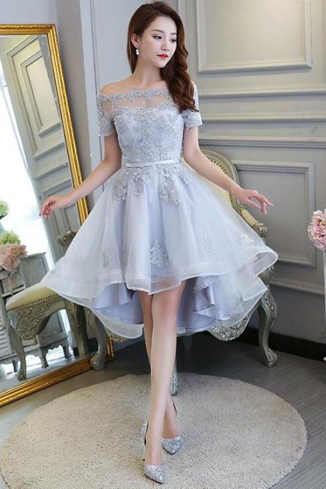 Grey High Low Lace Detail Off Shoulder Homecoming Dresses 2019, Beautiful Party Dresses