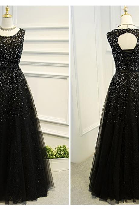 Black Beaded Tulle Long Prom Dresses 2019, Black Formal Gowns