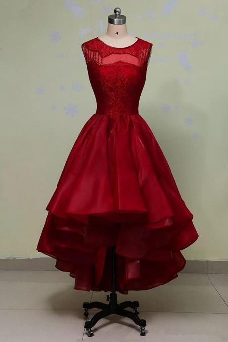 Wine Red Organza Lace And Beaded High Low Evening Gowns, Beautiful Party Dresses 2019