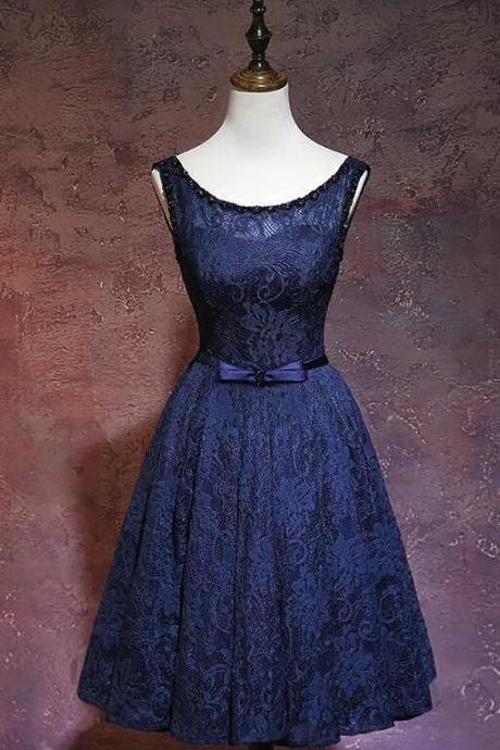Navy Blue Lace Knee Length Bridesmaid Dress, Blue Formal Dresses 2019