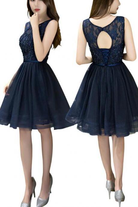 Navy Blue Round Neckline Lace And Beaded Tulle Homecoming Dresses, Cute Party Dresses