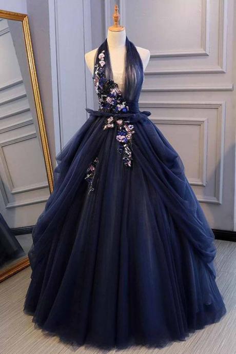 Navy Blue Halter V-neckline Long Sweet 16 Dresses, Tulle Formal Gowns