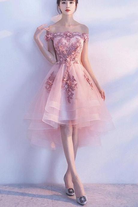 Pink High Low Tulle Lace Applique Formal Dress, Lace-up Prom Dresses 2019, Party Gowns