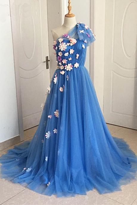 Blue Tulle With Flowers One Shoulder Long Formal Dress, Beautiful Prom Gowns 2019