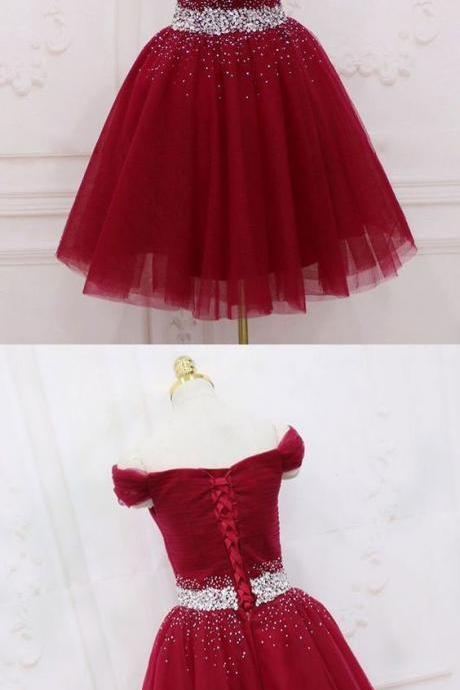 Lovely Wine Red Homecoming Dresses, Off Shoulder Short Senior Prom Dress with Sequins