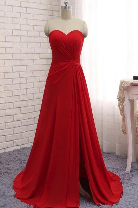 Red Sweetheart Chiffon Slit Long Formal Gown, Red Party Dress 2019, Junior Prom Dress 2019