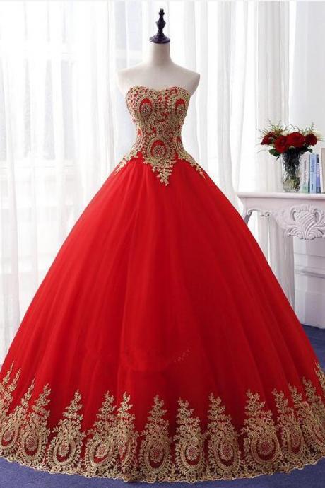 Red Sweetheart Formal Gown With Gold Applique, Charming Prom Dresses 2019