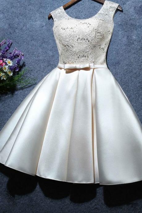 Cute Ivory Satin and Lace Round Neckline Lace-up Teen Formal Dress, Lovely Formal Dresses 2019