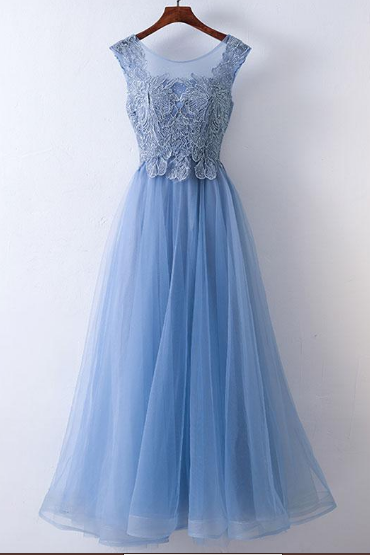 Blue Lace Applique And Tulle A-line Long Prom Dress, Prom Dresses 2019