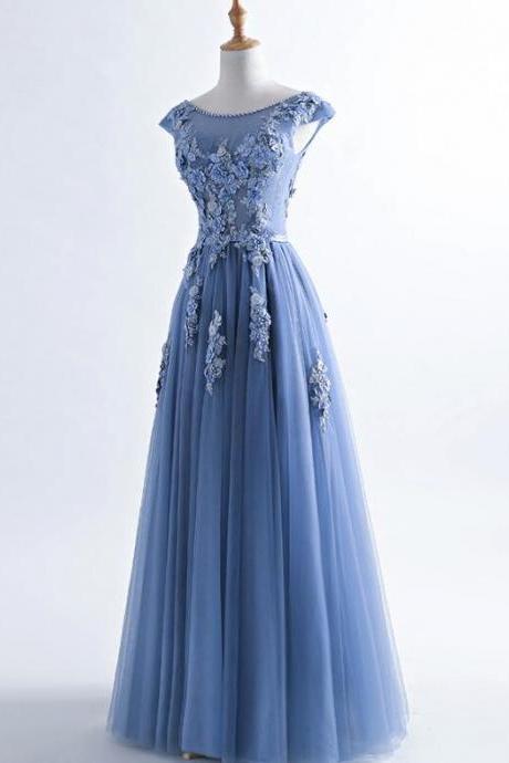 Blue Tulle Round Neckline Beaded And Applique Long Formal Gown, Prom Dresses 2019