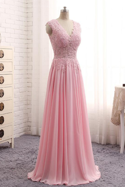 Pink Chiffon And Lace Applique Long Handmade Formal Gown, Pink Prom Dresses 2019