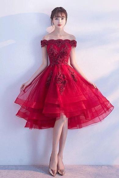 Wine Red High Low Tulle with Lace Homecoming Dress, Charming Prom Dress 2019