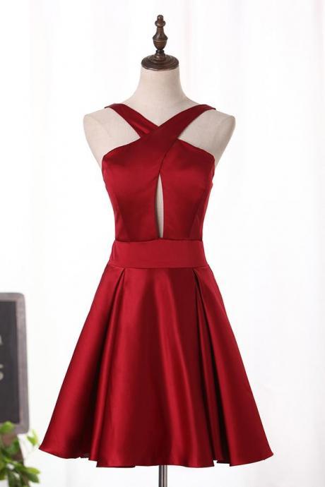 Dark Red Satin Short Chic Prom Dresses 2019, Beautiful Formal Gown 