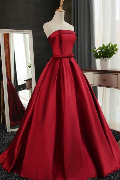 Dark Red Satin Long Prom Dress 2019, Red Formal Gowns for Party