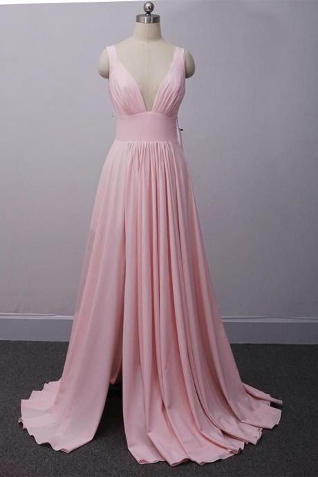 Pink V-neckline Slit Bridesmaid Dress, Long Beautiful Party Dresses 2019