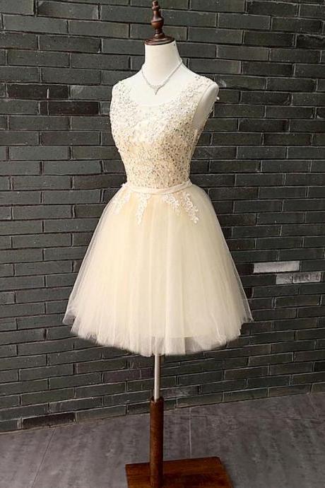 Champagne Tulle Applique With Beaded Cute Party Dress 2019, Lovely Formal Dresses