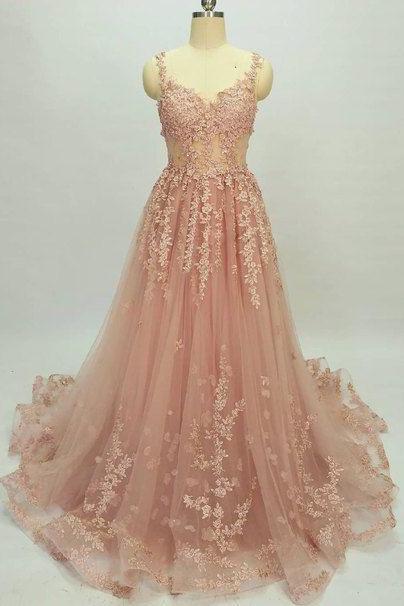 Beautiful Long Pink Lace Applique Party Gowns, Tulle Formal Dresses 2019