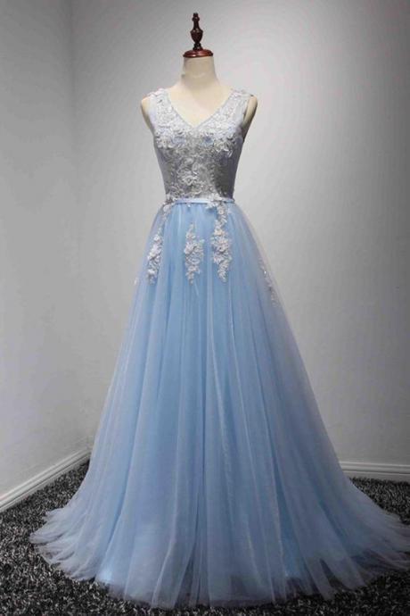 Light Blue V-neckline Tulle And Lace Long Formal Gown, Handmade Party Dresses 2019