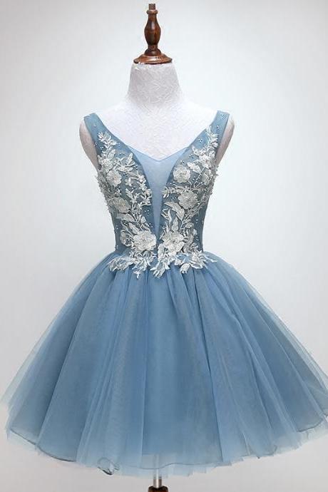 Blue Short Applique Tulle Homecoming Dresses, Lovely Short Prom Dress 2019