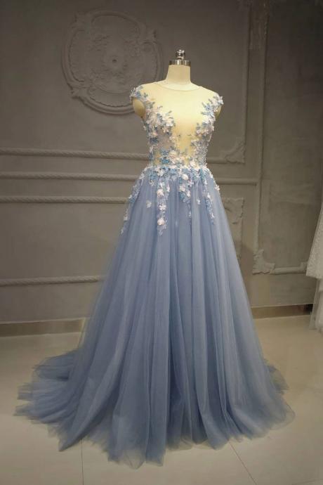 Charming Blue Tulle Long Formal Elegant Gowns, Handmade Women Party Dresses 2019